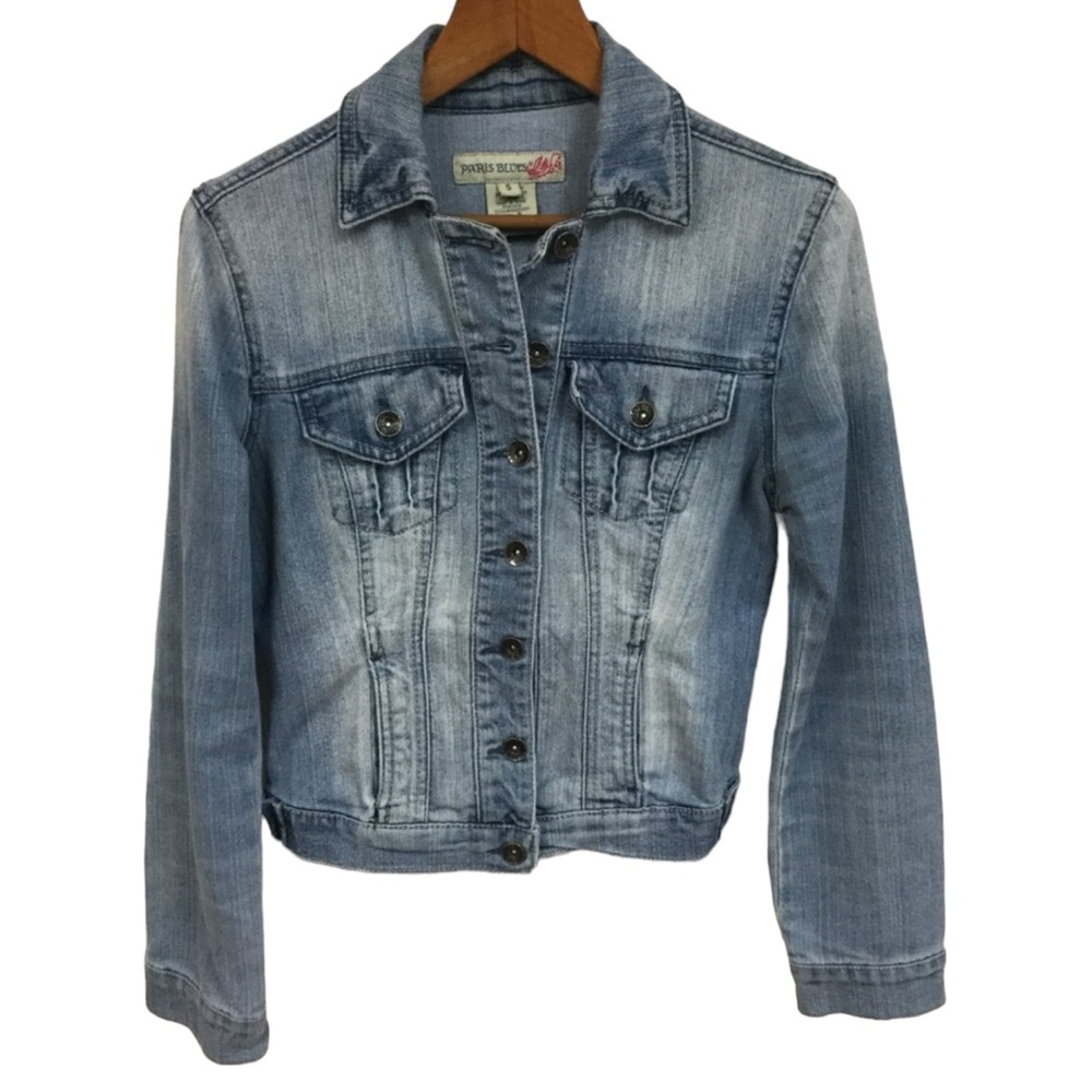 retro PARIS BLUES sz Small Juniors Jean Jacket Cropped Light Wash Blue